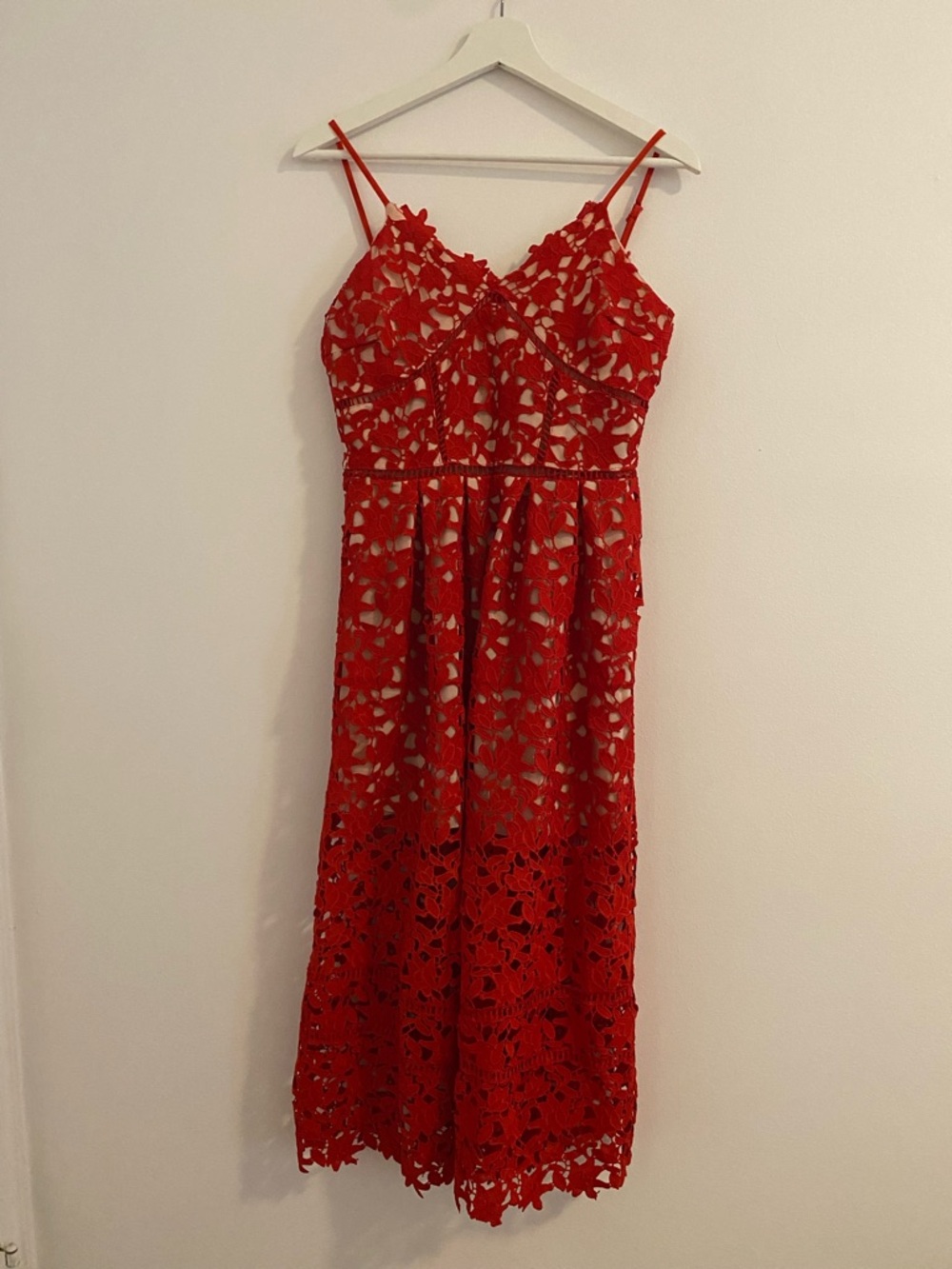 Red Lace Spaghetti-Strap Midi Dress